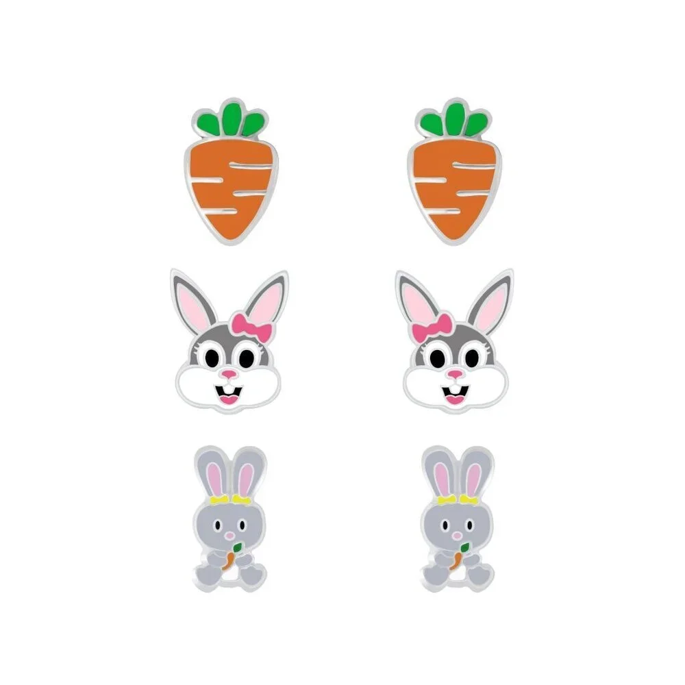 Silver Carrot and Rabbit Stud Earrings Set